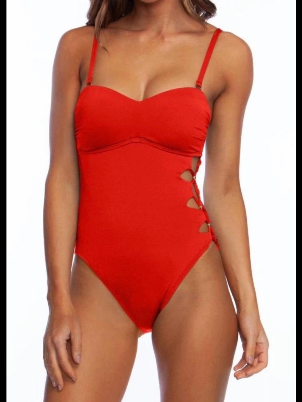 KENNETH COLE Cut Out One-Piece Swimsuit with Side Lace-Up in Sunset on red